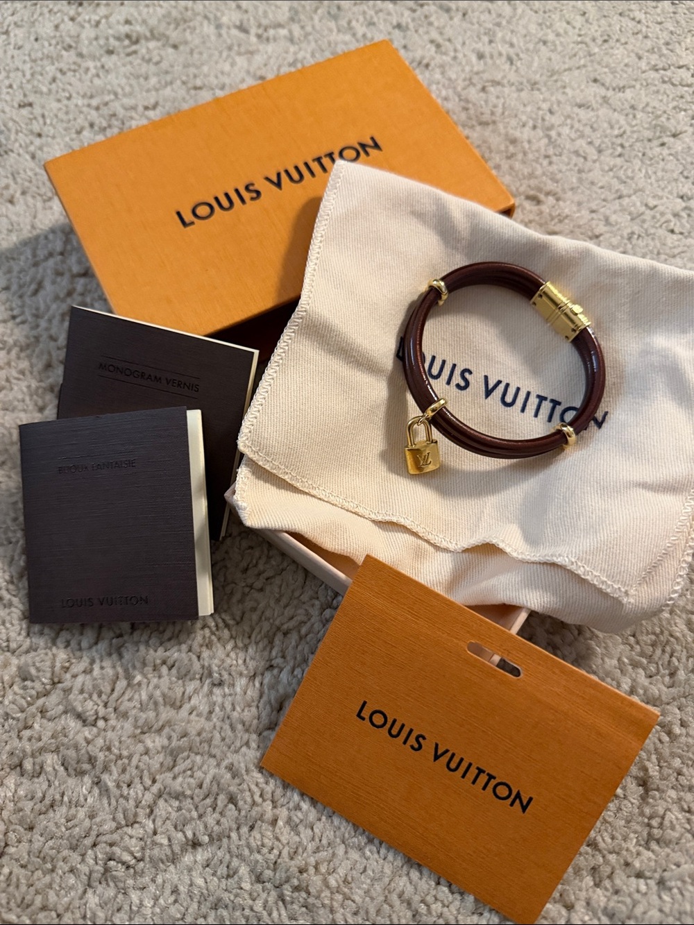 Louis Vuitton Brown Vernis Leather Bracelet with Gold Lock Charm